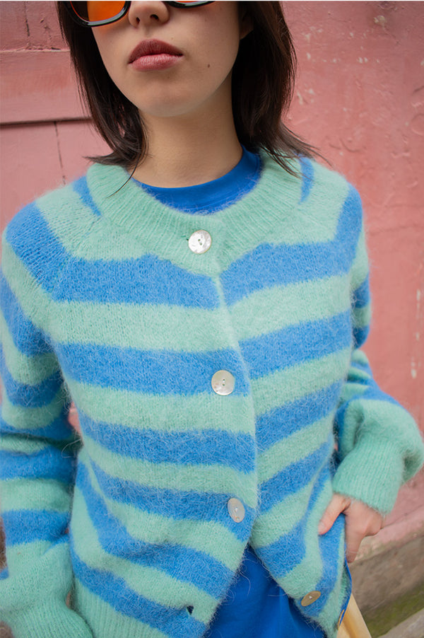 FRNCH Azur Blue & Mint Stripe Cardigan - The Mercantile London