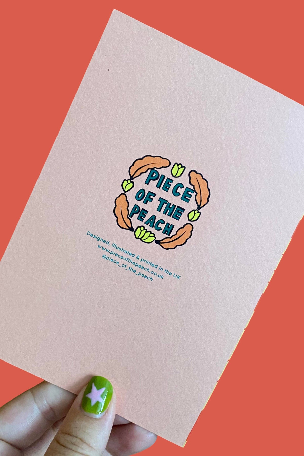 Kraft paper product with 'Piece of the Peach' logo on a red background
