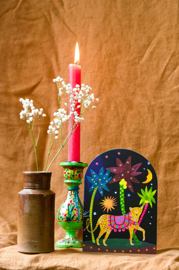 'Midnight Leopard Bell Jar' Greetings Card: Biodegradable Cello Wrap - The Mercantile London