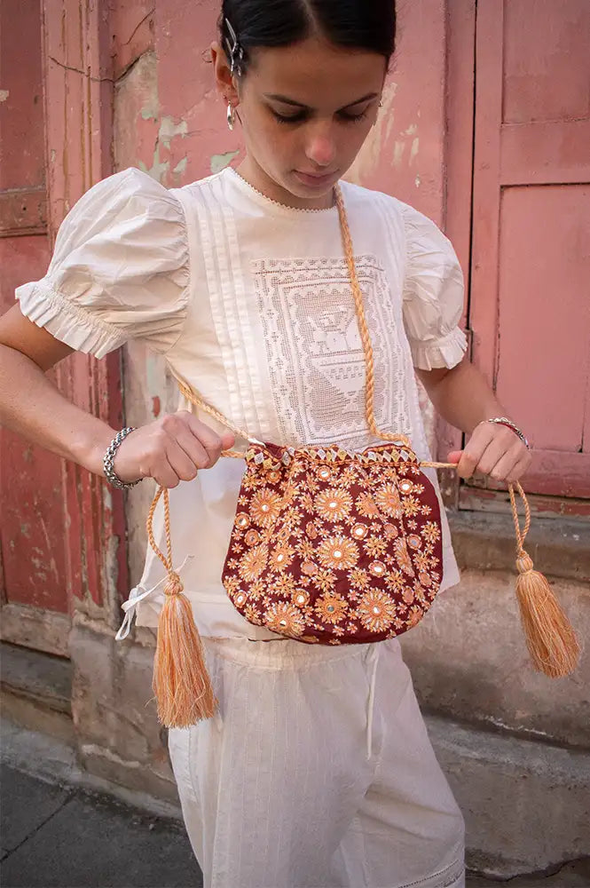 M.A.B.E Suri Rust & Mirrors Embroidered Pouch Bag - The Mercantile London