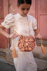M.A.B.E Suri Rust & Mirrors Embroidered Pouch Bag - The Mercantile London