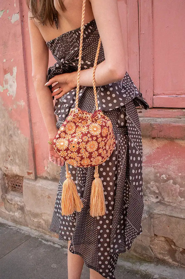 M.A.B.E Suri Rust & Mirrors Embroidered Pouch Bag - The Mercantile London