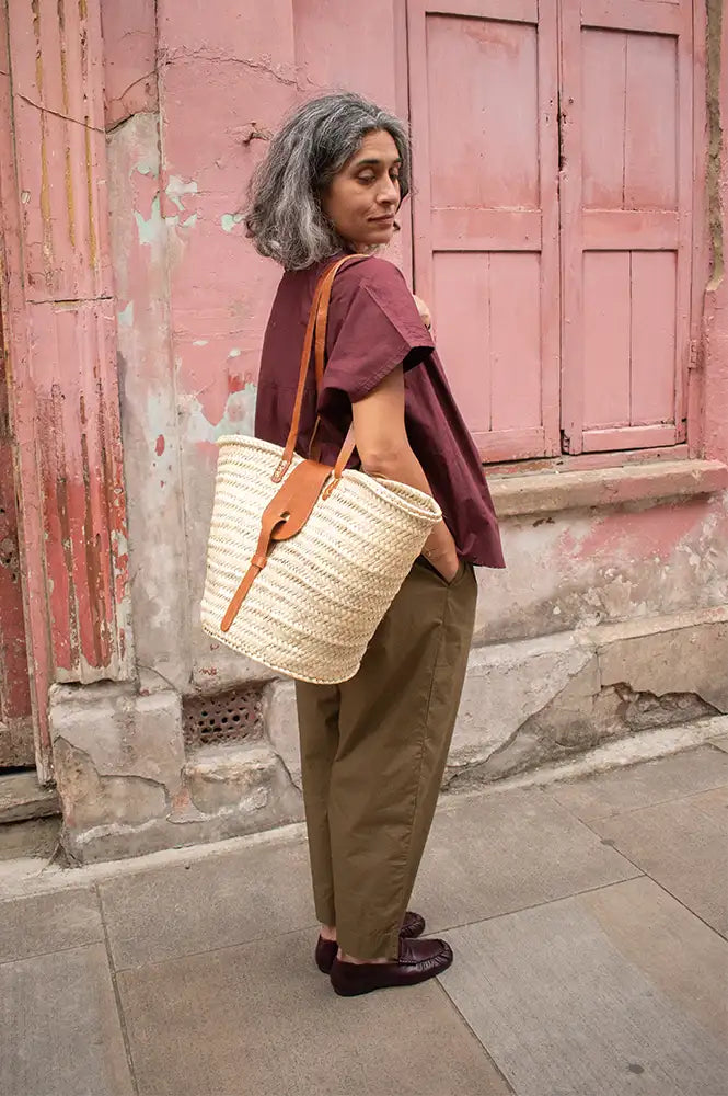 French Tan Leather Detailed Market Basket Bag