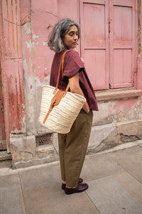 French Tan Leather Detailed Market Basket Bag