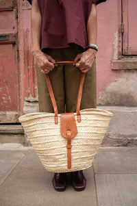 French Tan Leather Detailed Market Basket Bag
