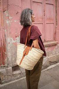 French Tan Leather Detailed Market Basket Bag
