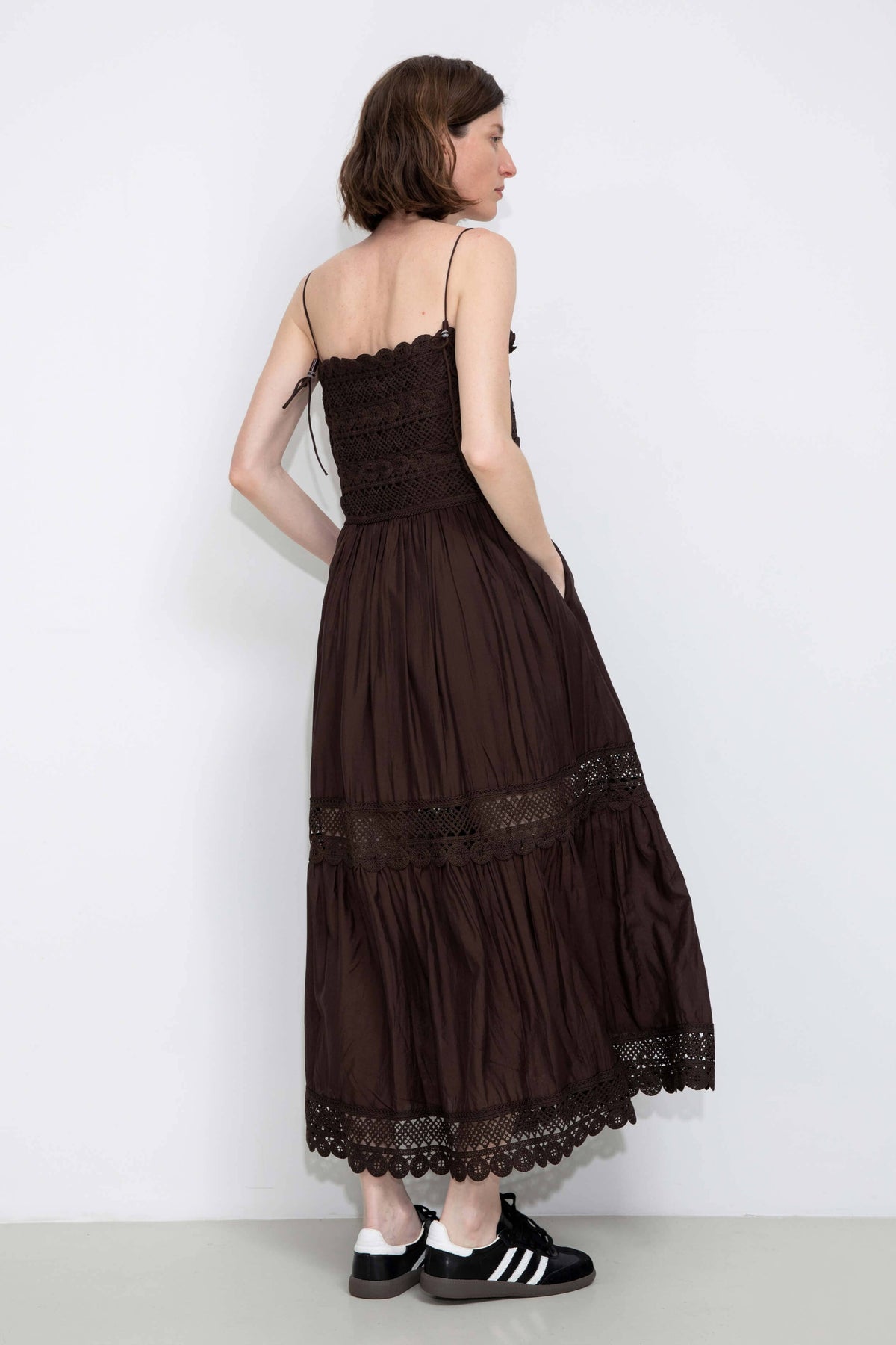 Crochet Lace Panelled Maxi Cami Dress: Brown / S - The Mercantile London