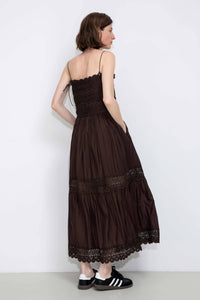Crochet Lace Panelled Maxi Cami Dress: Brown / S - The Mercantile London