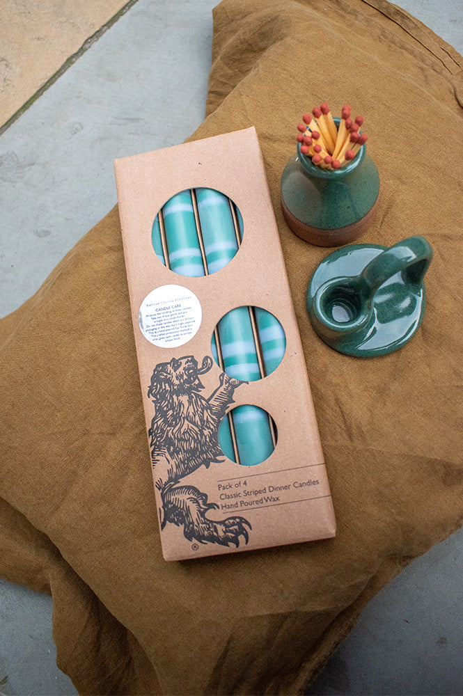 British Colour Standard Striped Beryl Green & Moonstone Dinner Candles - The Mercantile London