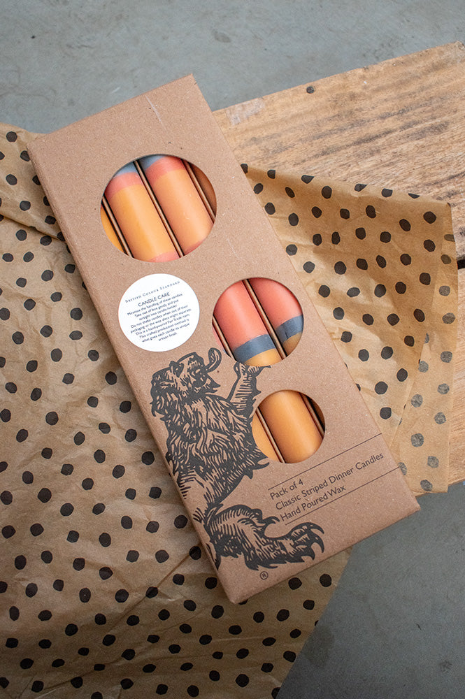 British Colour Standard Striped Indigo, Orange, Saffron & Pompadour Dinner Candles - The Mercantile London