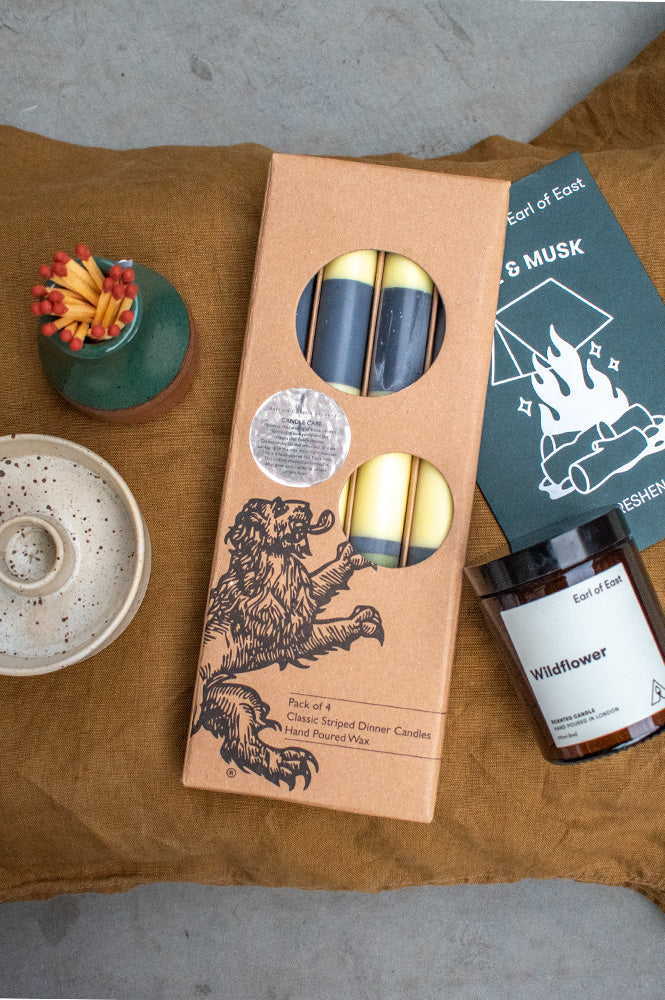 British Colour Standard Striped Olive, Indigo & Jasmine Dinner Candles - The Mercantile London