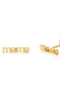 Gold 'mama' earrings on a white background
