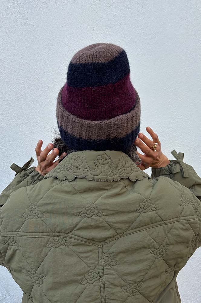 Beck Söndergaard Soloma Striped Burgundy Beanie - The Mercantile London