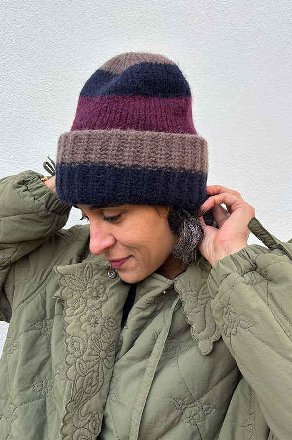 Beck Söndergaard Soloma Striped Burgundy Beanie - The Mercantile London