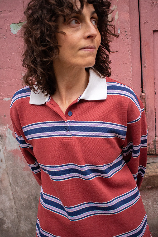 ICHI Ophia Berry Stripe Long Sleeve Polo Top