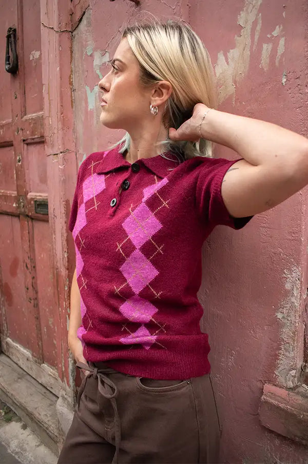 ICHI Dasila Berry Harlequin Polo Knitted Top