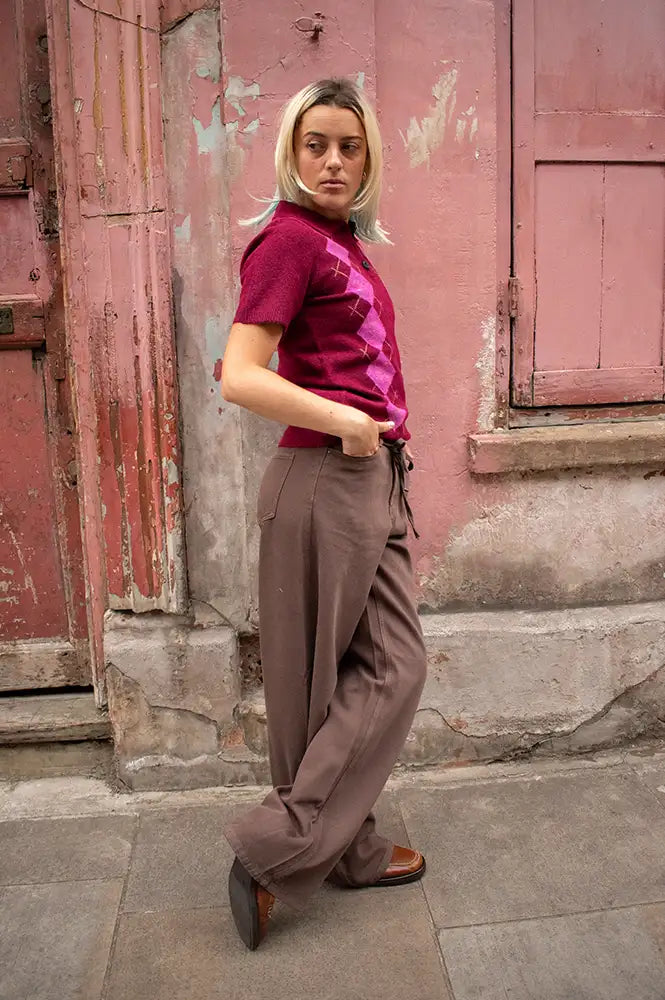ICHI Dasila Berry Harlequin Polo Knitted Top