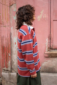 ICHI Ophia Berry Stripe Long Sleeve Polo Top