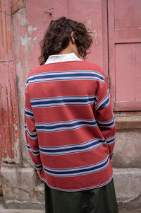 ICHI Ophia Berry Stripe Long Sleeve Polo Top