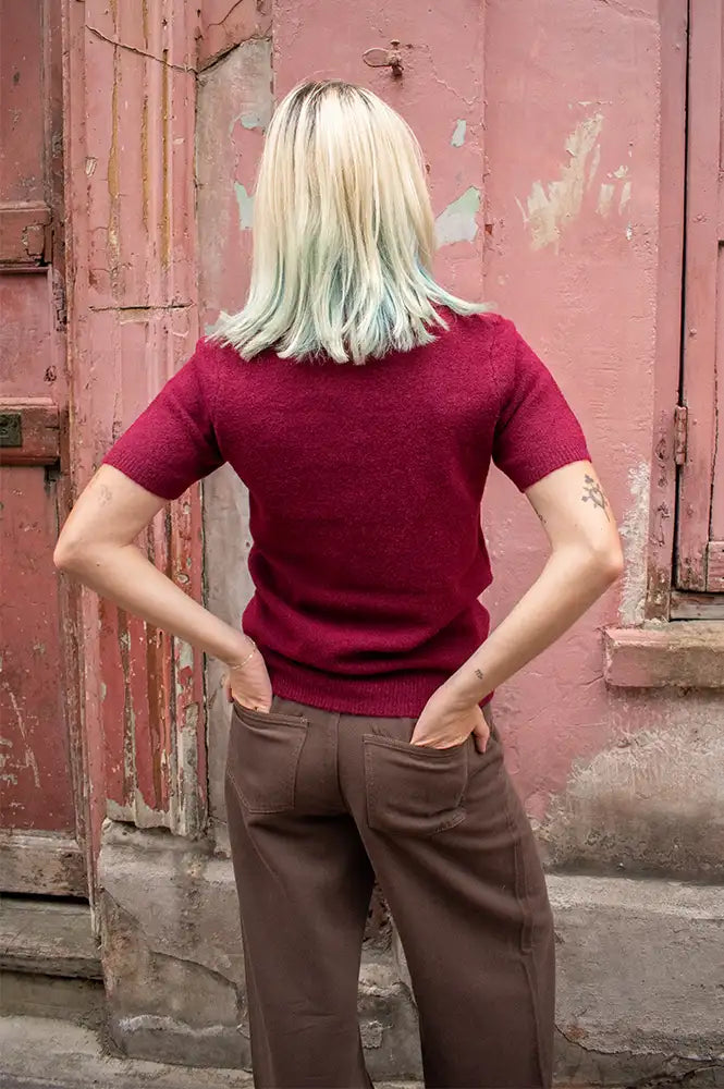 ICHI Dasila Berry Harlequin Polo Knitted Top