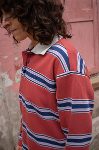 ICHI Ophia Berry Stripe Long Sleeve Polo Top