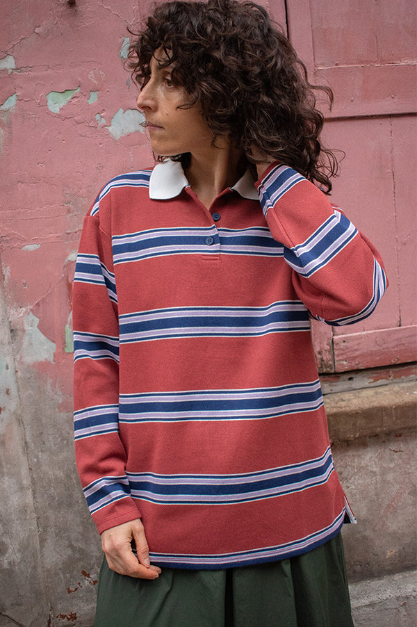 ICHI Ophia Berry Stripe Long Sleeve Polo Top