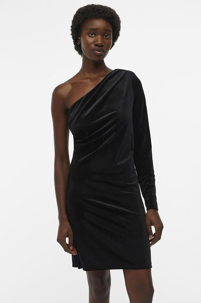Object Bianca Black Velour One Shoulder Dress - The Mercantile London