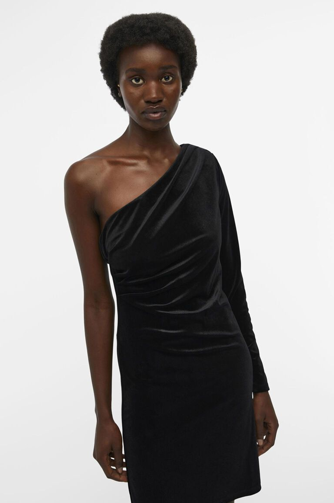 Object Bianca Black Velour One Shoulder Dress - The Mercantile London