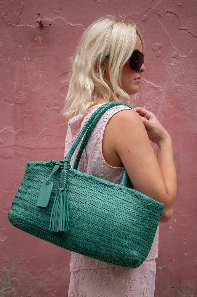 Biba Perkins Teal Braided Leather Shoulder Bag