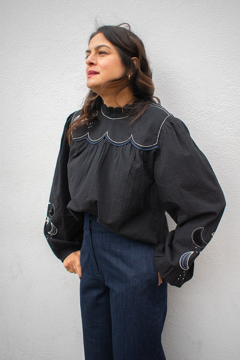 Stella Nova Black Moon And Star Embroidered Blouse - The Mercantile London