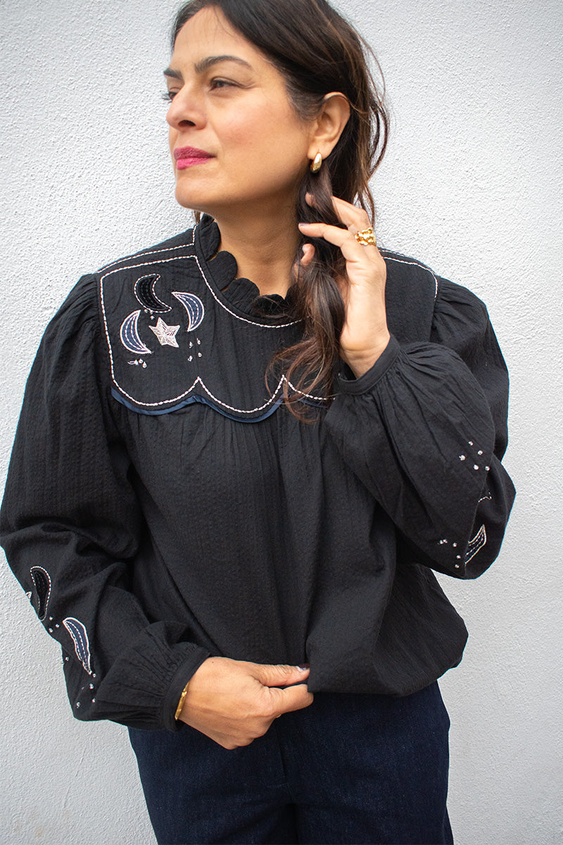 Stella Nova Black Moon And Star Embroidered Blouse - The Mercantile London