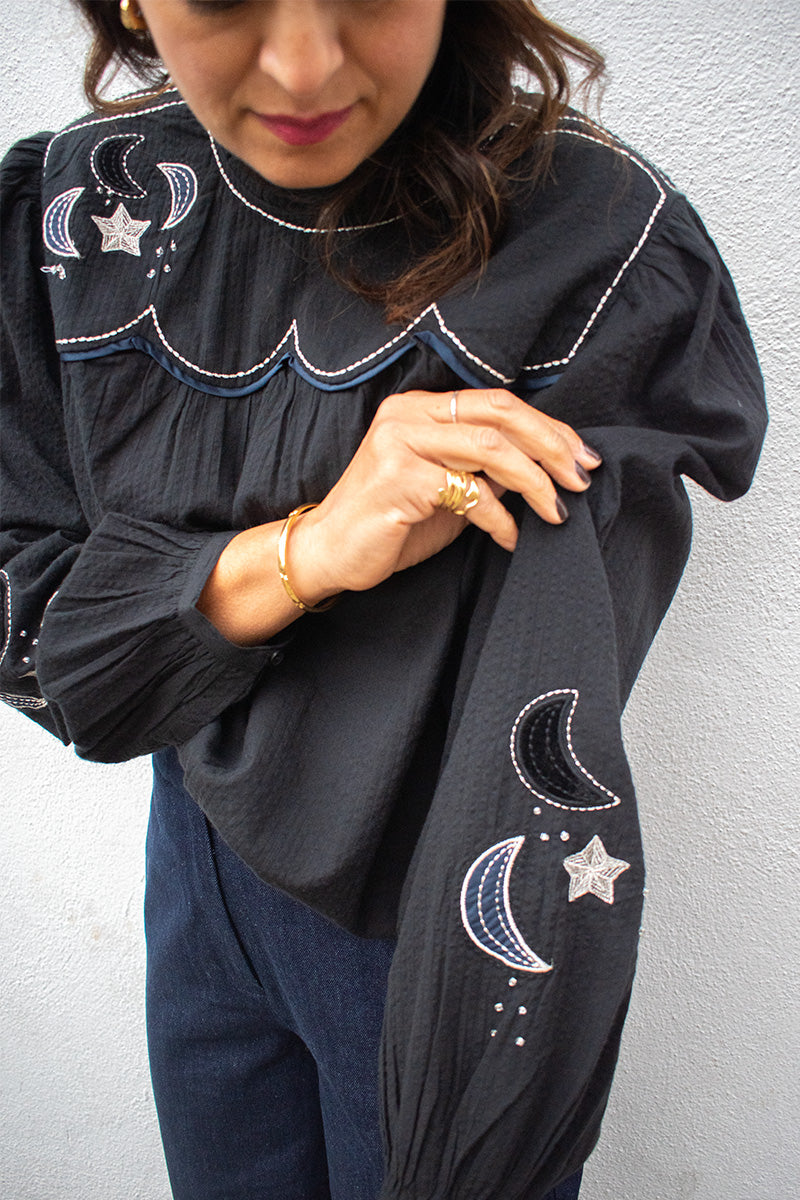 Stella Nova Black Moon And Star Embroidered Blouse - The Mercantile London