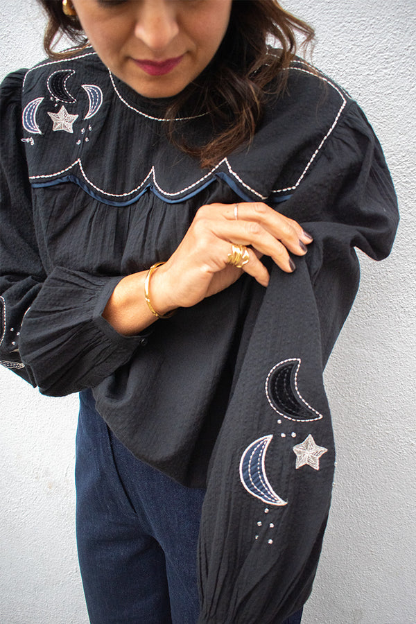 Stella Nova Black Moon And Star Embroidered Blouse - The Mercantile London