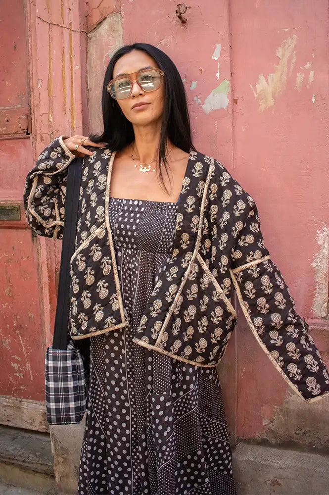 Cotton Conscious Black Block Printed Reversible Kimono