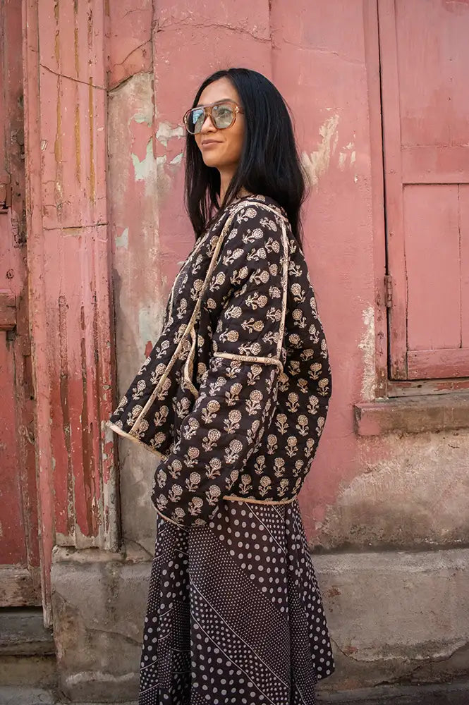Cotton Conscious Black Block Printed Reversible Kimono