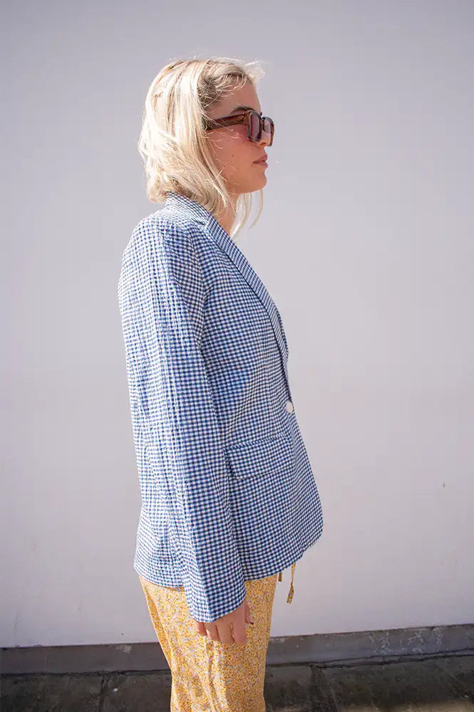 ICHI Jilma Blue Gingham Blazer Jacket - The Mercantile London