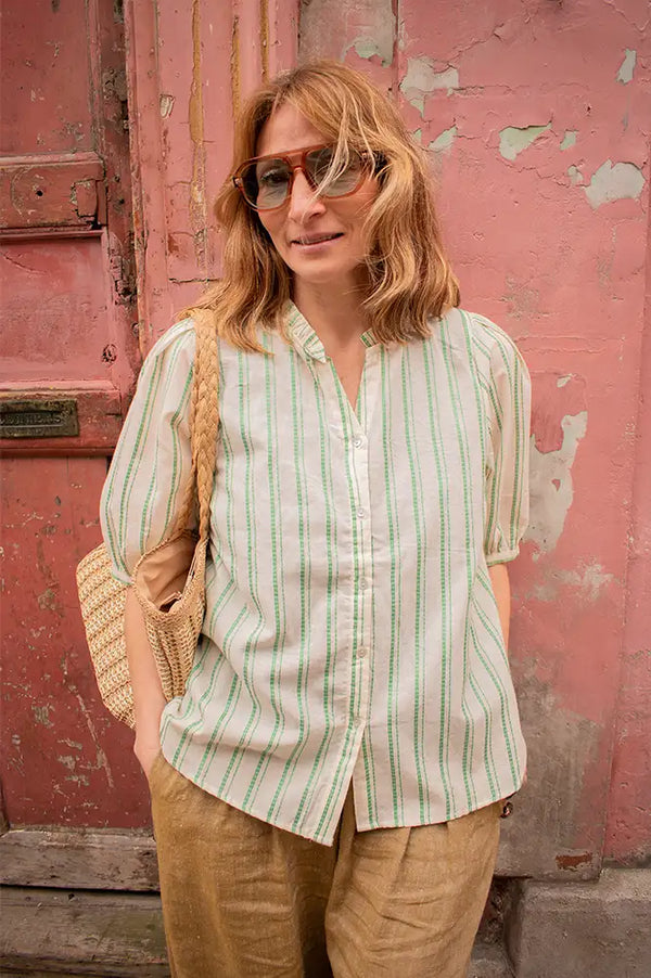 ICHI Jovil Green Striped Blouse - The Mercantile London