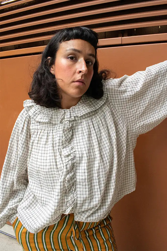 FRNCH Dorset Cream Checked Ruffle Blouse