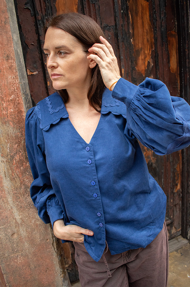 Louche Pallas Navy Babycord Ric Rac Blouse - The Mercantile London