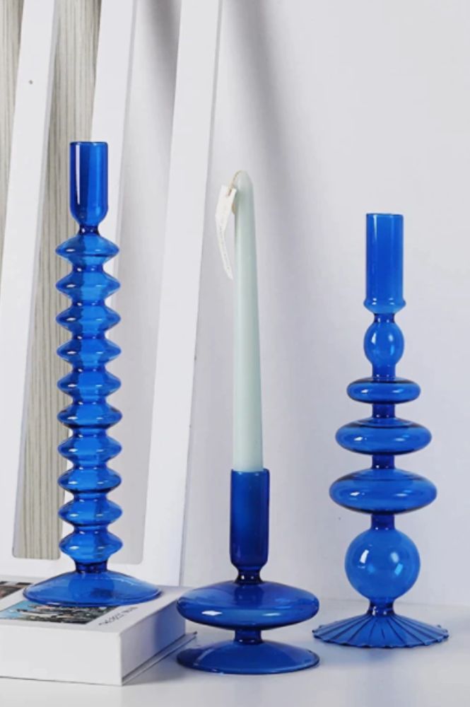 Ivore Blue Glass Candlestick Holder - The Mercantile London