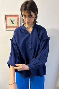 ICHI Lasha Navy Ruffle Blouse - The Mercantile London