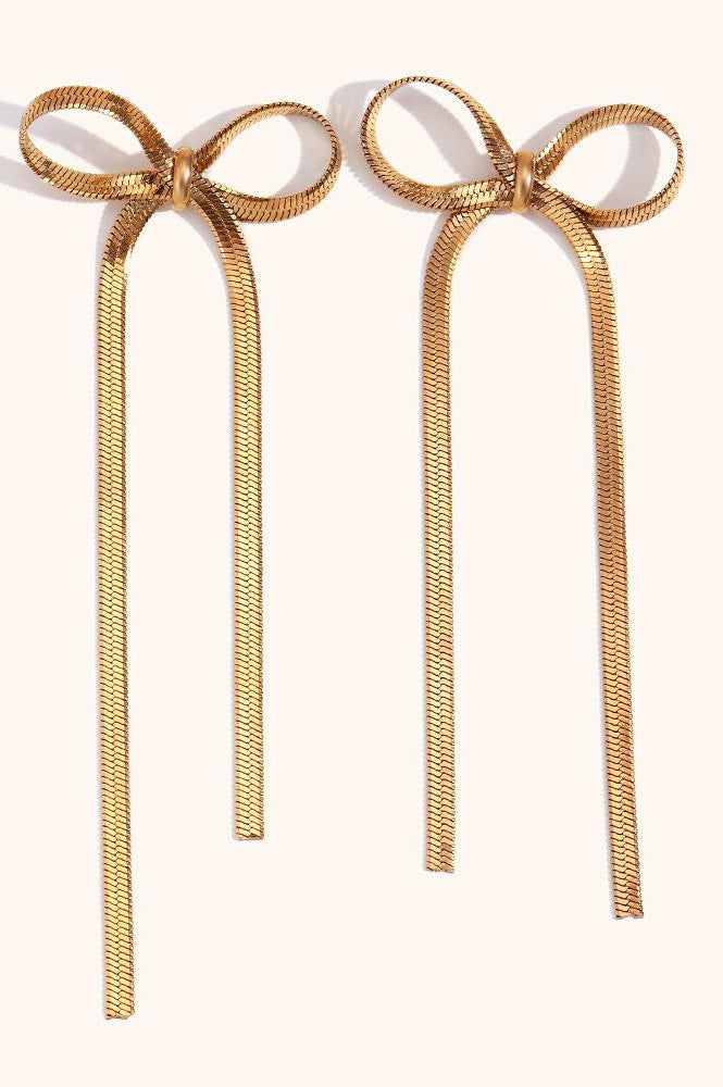 White Flat Chain Gold Bow Earrings