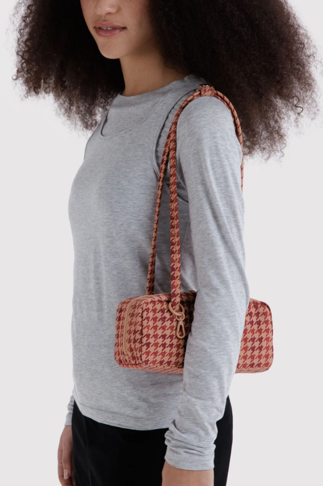 Baggu Tan Houndstooth Small Nylon Bowler Bag