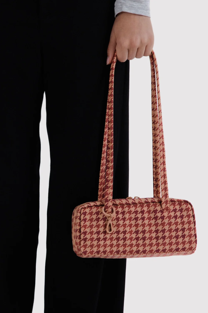 Baggu Tan Houndstooth Small Nylon Bowler Bag