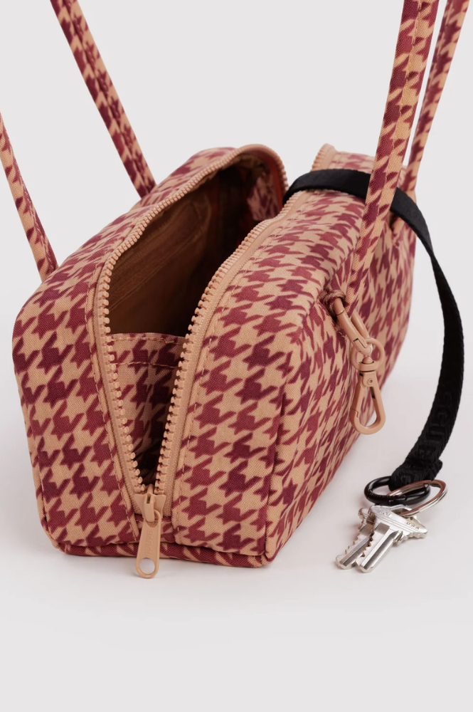 Baggu Tan Houndstooth Small Nylon Bowler Bag