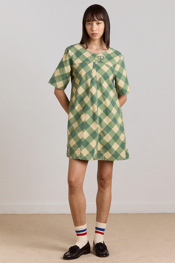 Damson Madder Bridget Green Butter Gingham Mini Dress - The Mercantile London