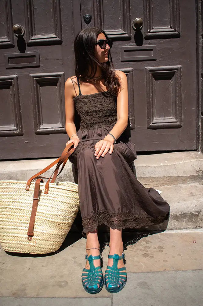 CUBIC Crochet Lace Panelled Maxi Brown Cami Dress