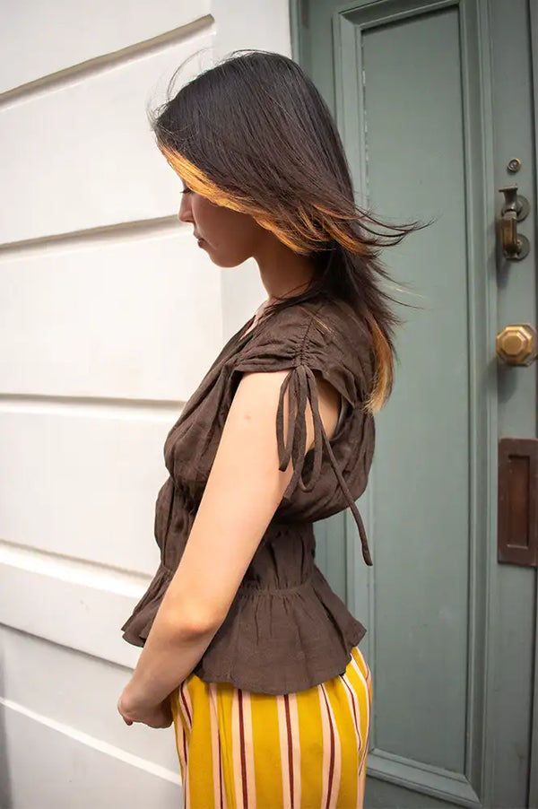 Mod Ref Cleo Brown Gathered Sleeveless Top