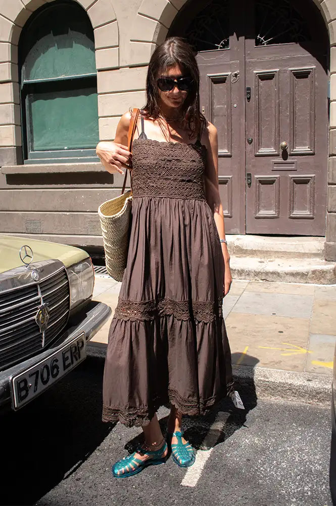CUBIC Crochet Lace Panelled Maxi Brown Cami Dress