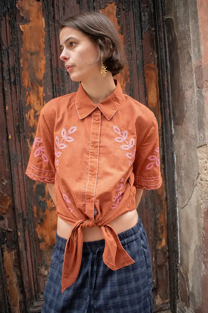 An'ge Silona Caramel Embroidered Shirt - The Mercantile London